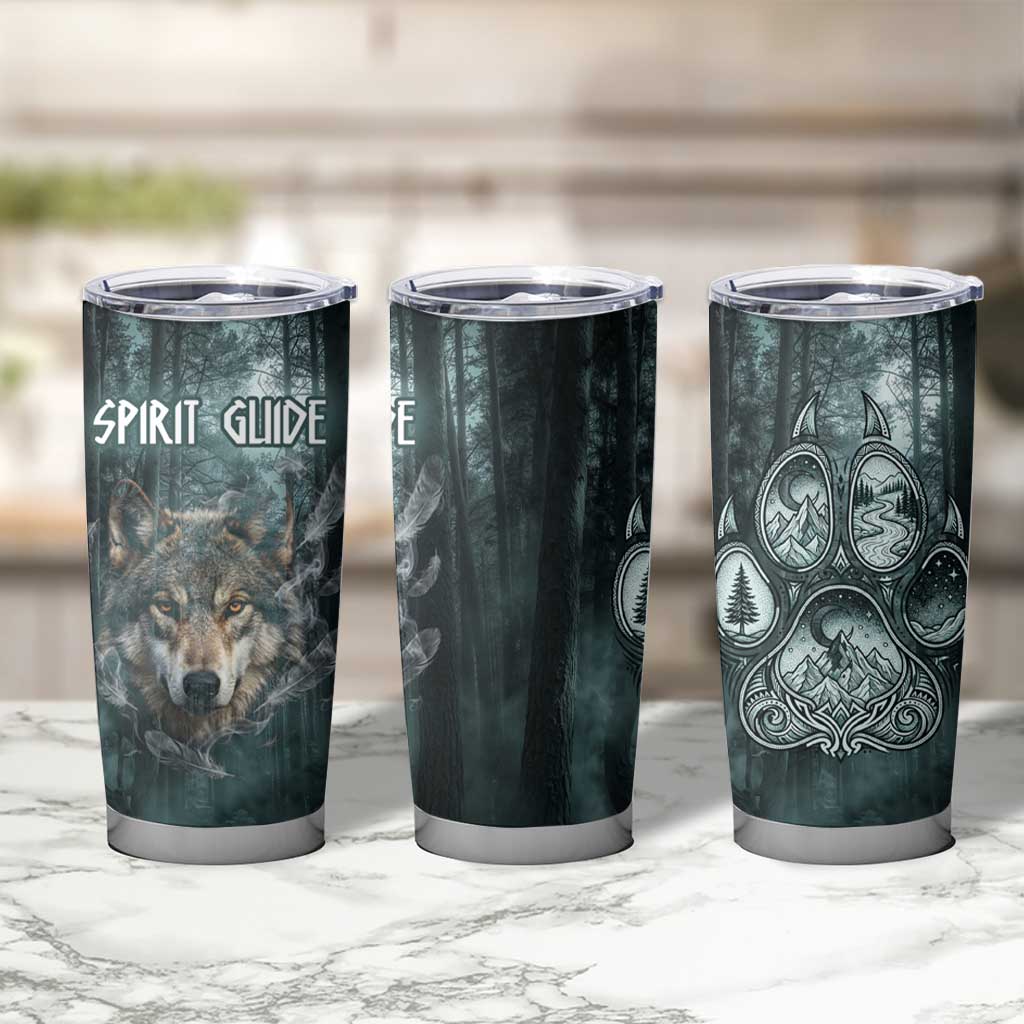 Spirit Guide Wolf Tumbler Cup with Forest Background Tribal Paw Print with Nature Symbols Native American - Wonder Print Shop