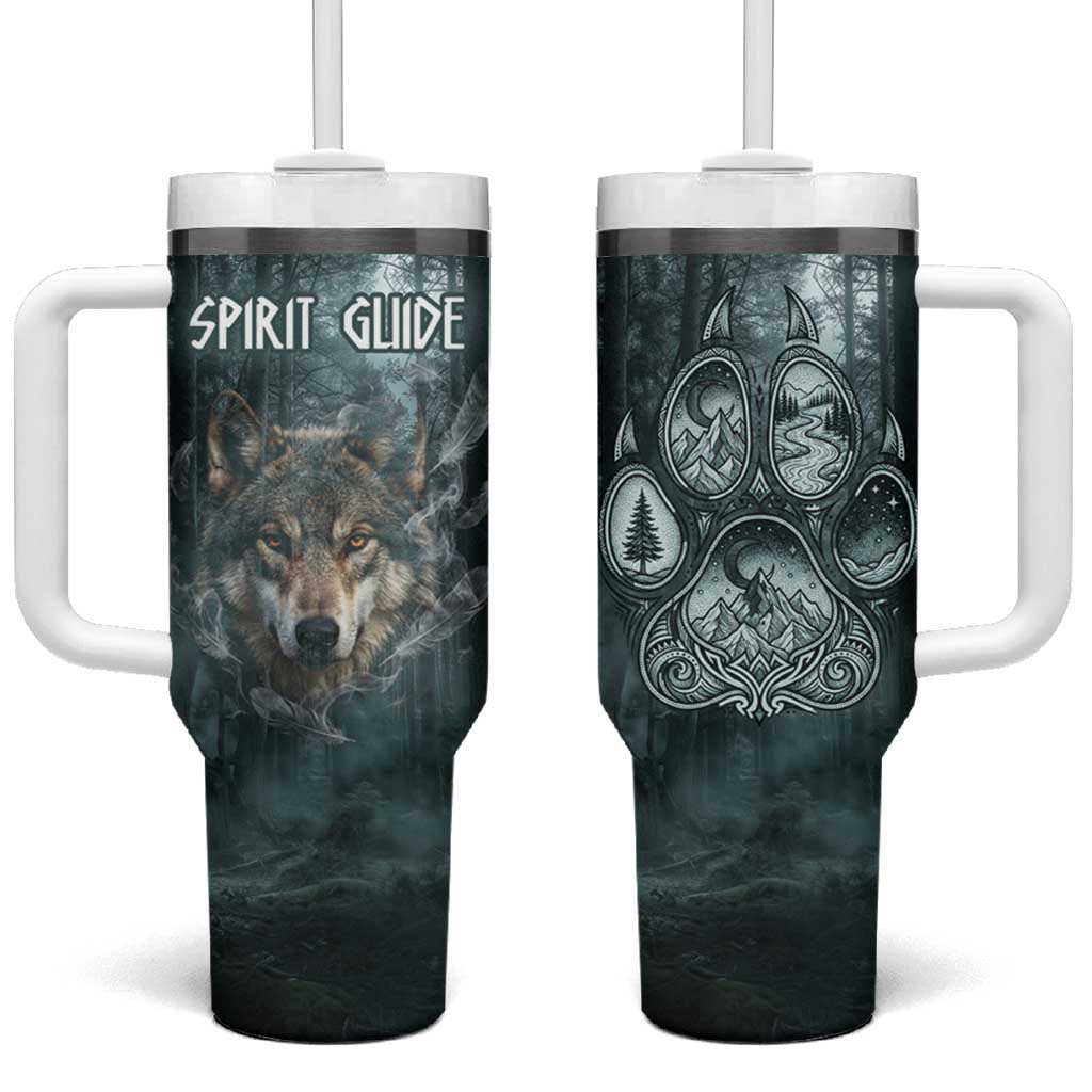 Spirit Guide Wolf Tumbler With Handle with Forest Background Tribal Paw Print with Nature Symbols Native American - Wonder Print Shop