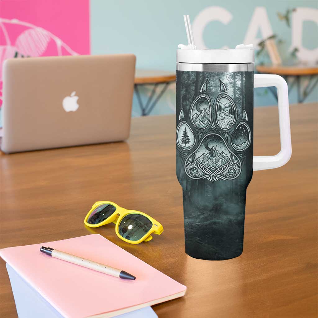 Spirit Guide Wolf Tumbler With Handle with Forest Background Tribal Paw Print with Nature Symbols Native American - Wonder Print Shop