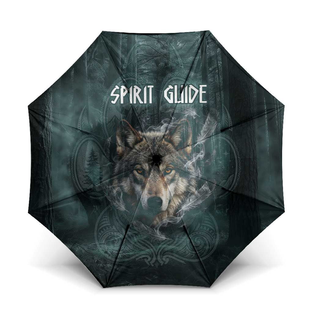 Spirit Guide Wolf Umbrella with Forest Background Tribal Paw Print with Nature Symbols Native American - Wonder Print Shop