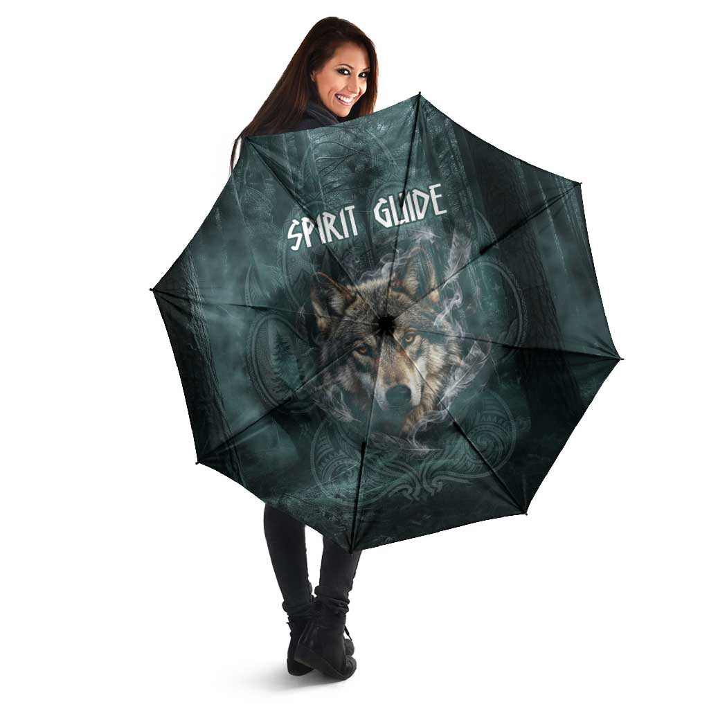 Spirit Guide Wolf Umbrella with Forest Background Tribal Paw Print with Nature Symbols Native American - Wonder Print Shop