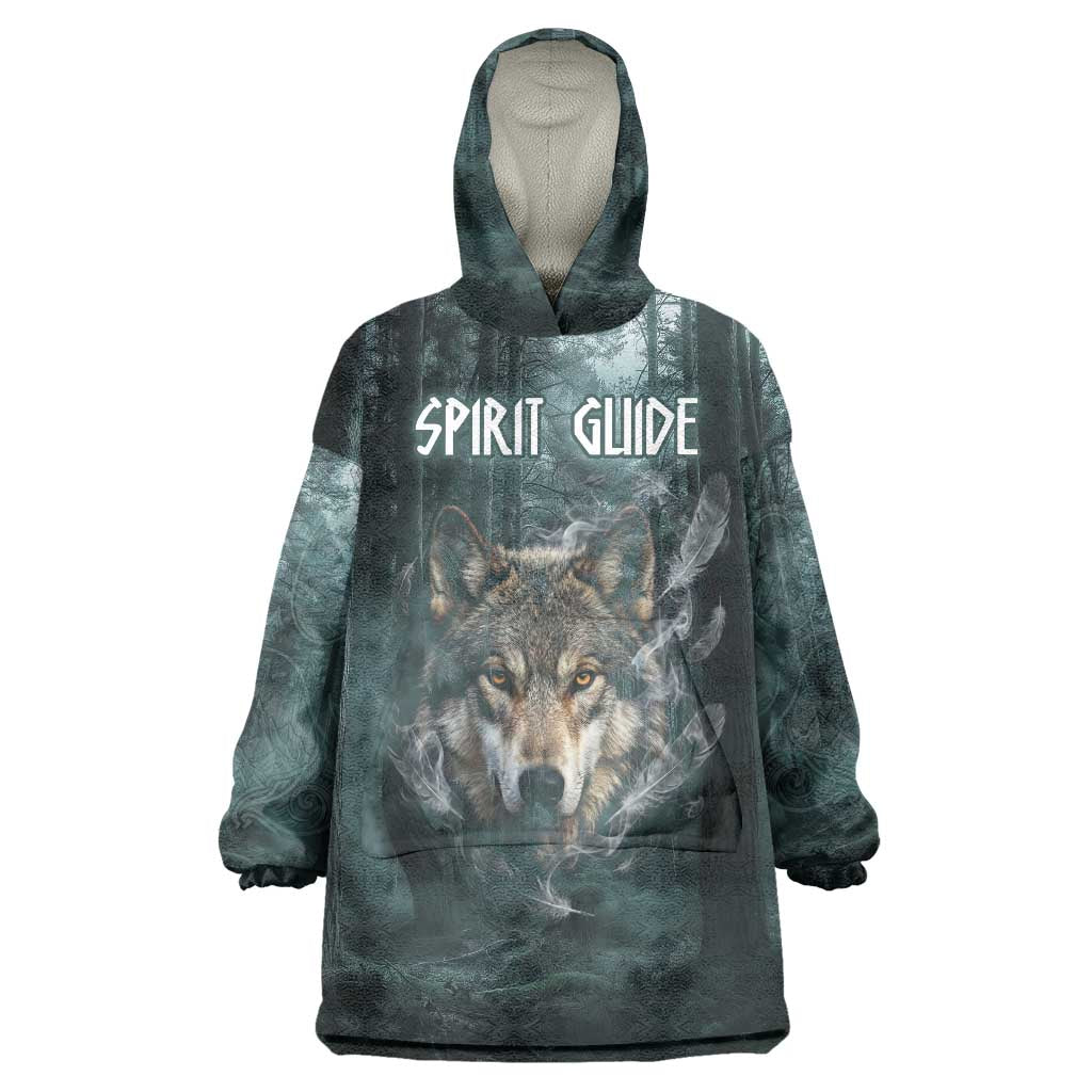 Spirit Guide Wolf Wearable Blanket Hoodie with Forest Background Tribal Paw Print with Nature Symbols Native American - Wonder Print Shop