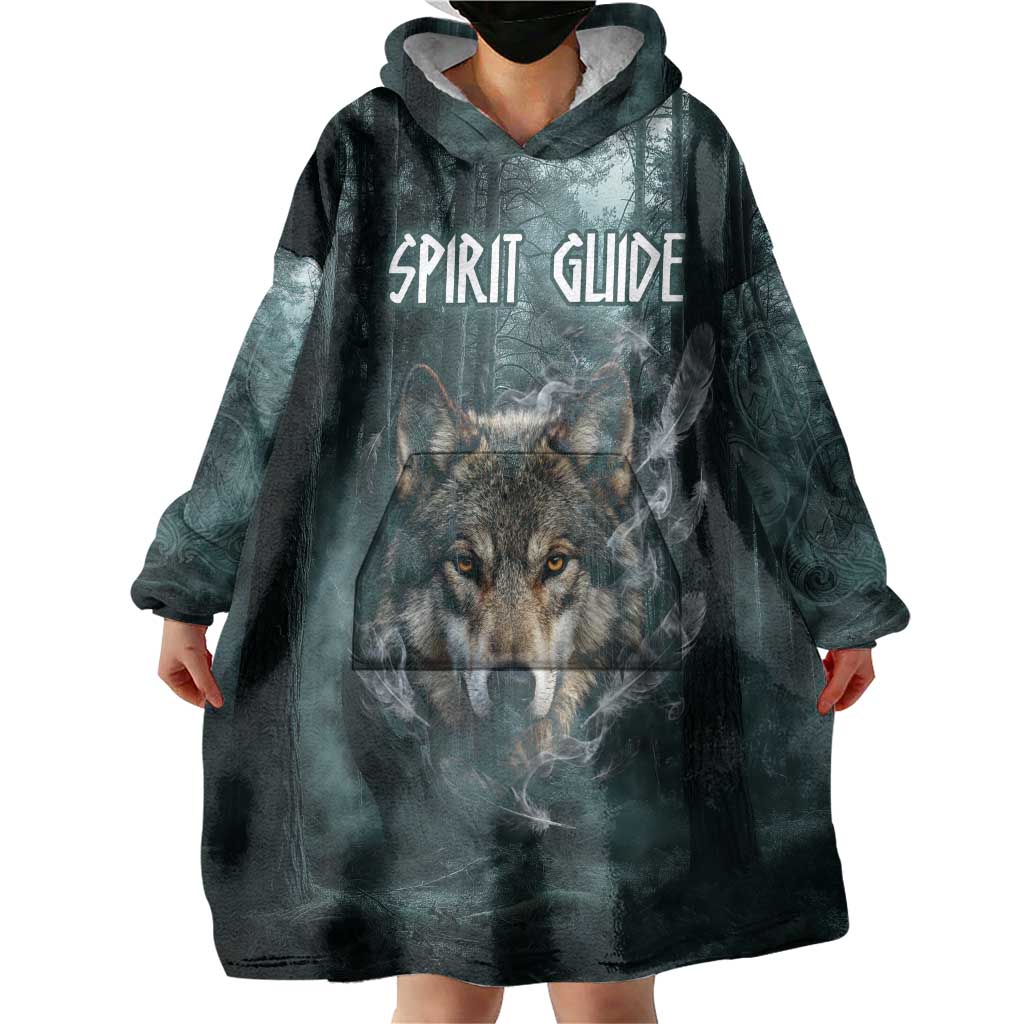 Spirit Guide Wolf Wearable Blanket Hoodie with Forest Background Tribal Paw Print with Nature Symbols Native American - Wonder Print Shop
