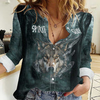 Spirit Guide Wolf Women Casual Shirt with Forest Background Tribal Paw Print with Nature Symbols Native American - Wonder Print Shop
