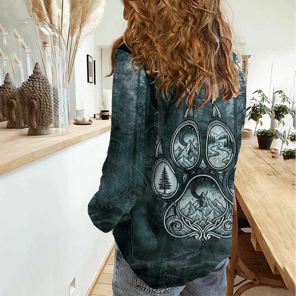 Spirit Guide Wolf Women Casual Shirt with Forest Background Tribal Paw Print with Nature Symbols Native American - Wonder Print Shop