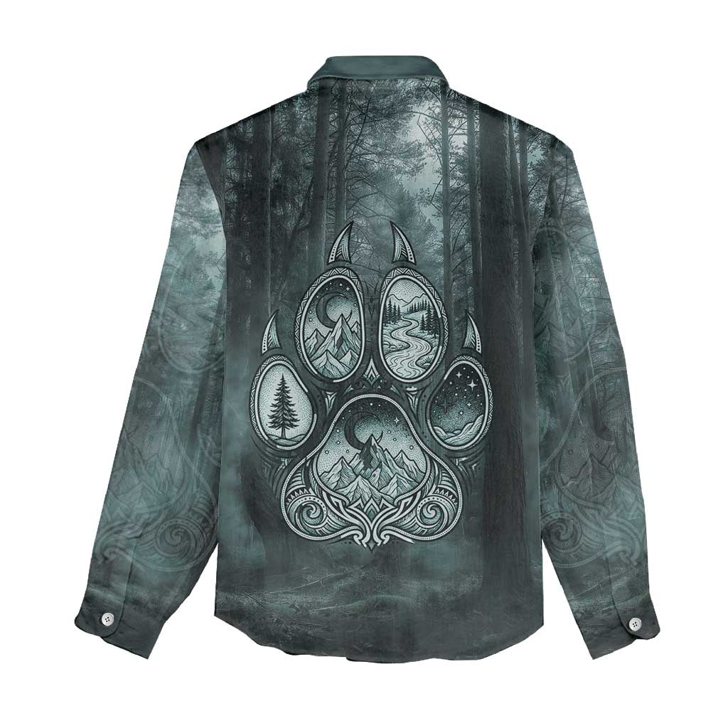 Spirit Guide Wolf Women Casual Shirt with Forest Background Tribal Paw Print with Nature Symbols Native American - Wonder Print Shop