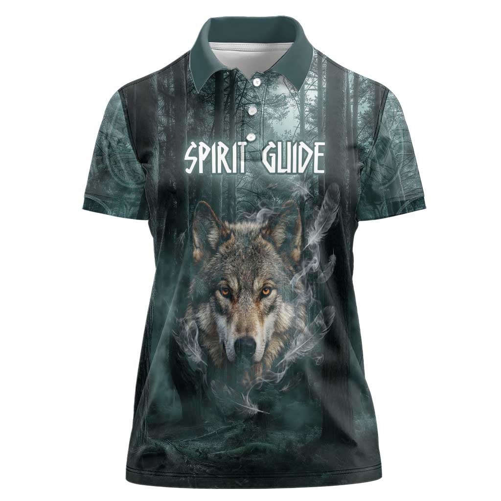 Spirit Guide Wolf Women Polo Shirt with Forest Background Tribal Paw Print with Nature Symbols Native American - Wonder Print Shop