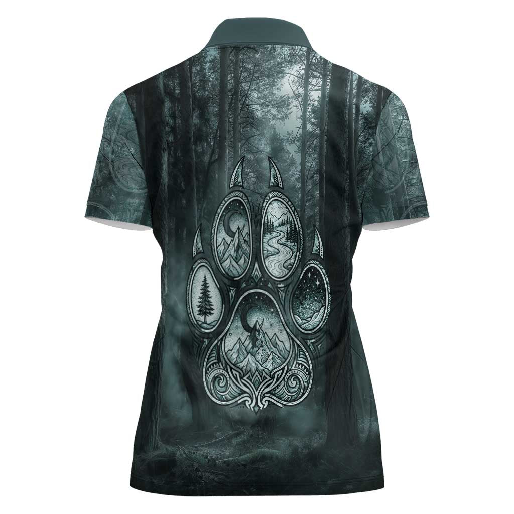 Spirit Guide Wolf Women Polo Shirt with Forest Background Tribal Paw Print with Nature Symbols Native American - Wonder Print Shop