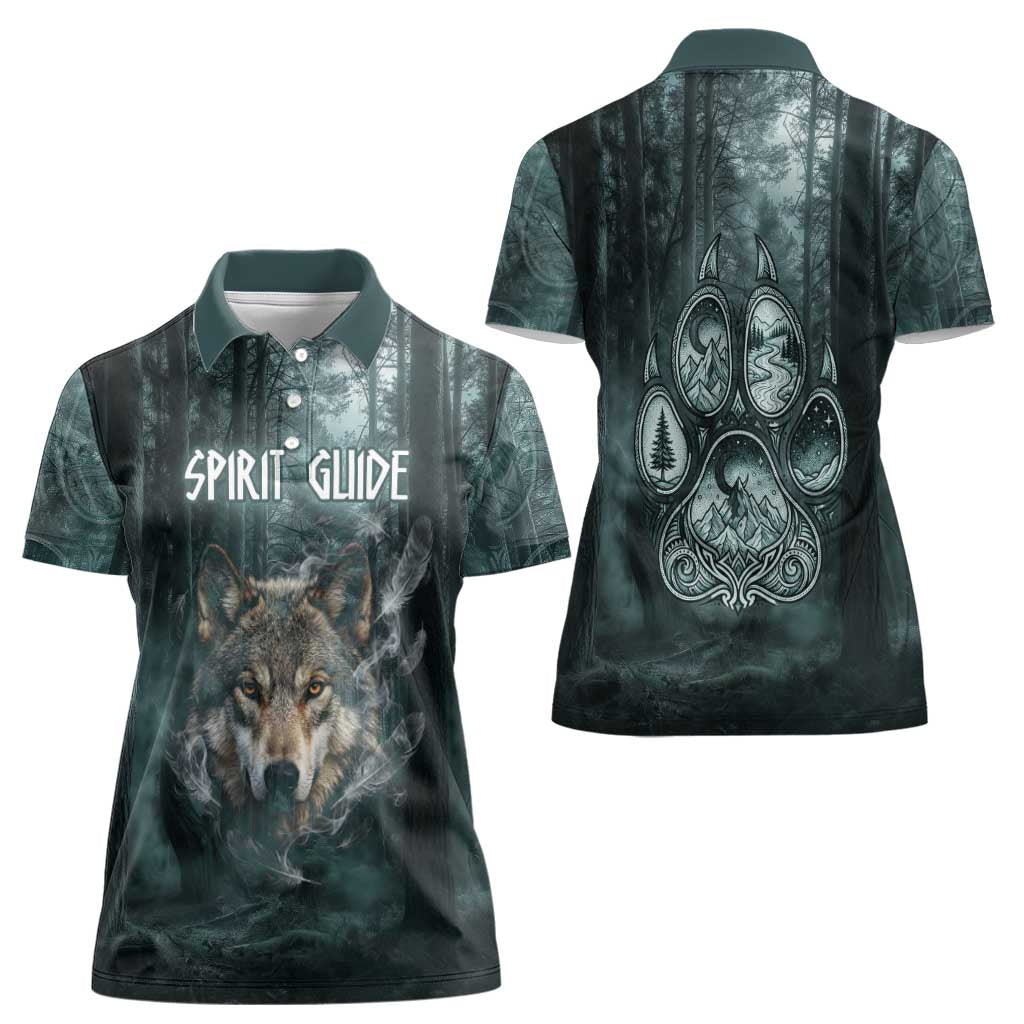 Spirit Guide Wolf Women Polo Shirt with Forest Background Tribal Paw Print with Nature Symbols Native American - Wonder Print Shop