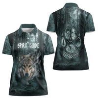 Spirit Guide Wolf Women Polo Shirt with Forest Background Tribal Paw Print with Nature Symbols Native American - Wonder Print Shop