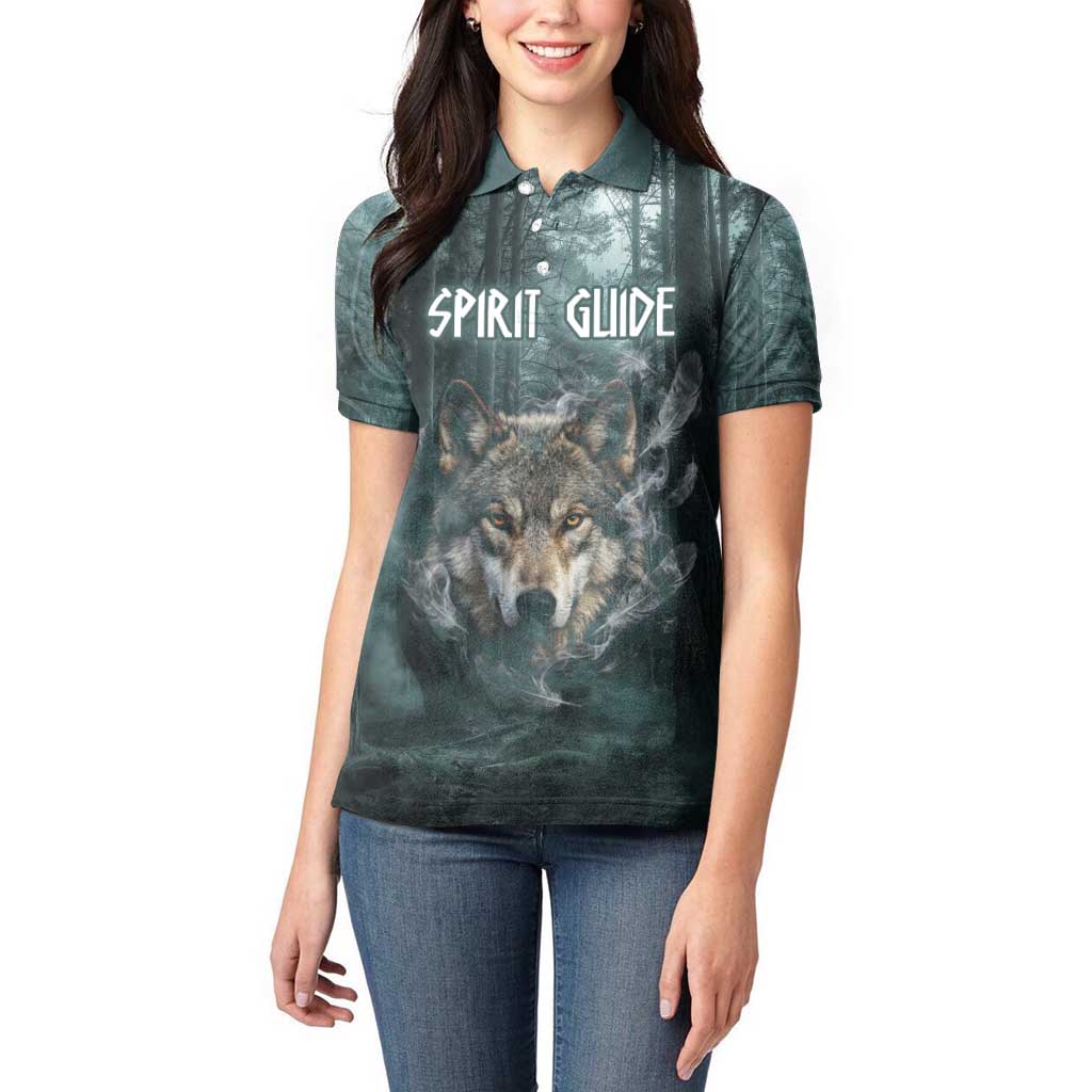 Spirit Guide Wolf Women Polo Shirt with Forest Background Tribal Paw Print with Nature Symbols Native American - Wonder Print Shop