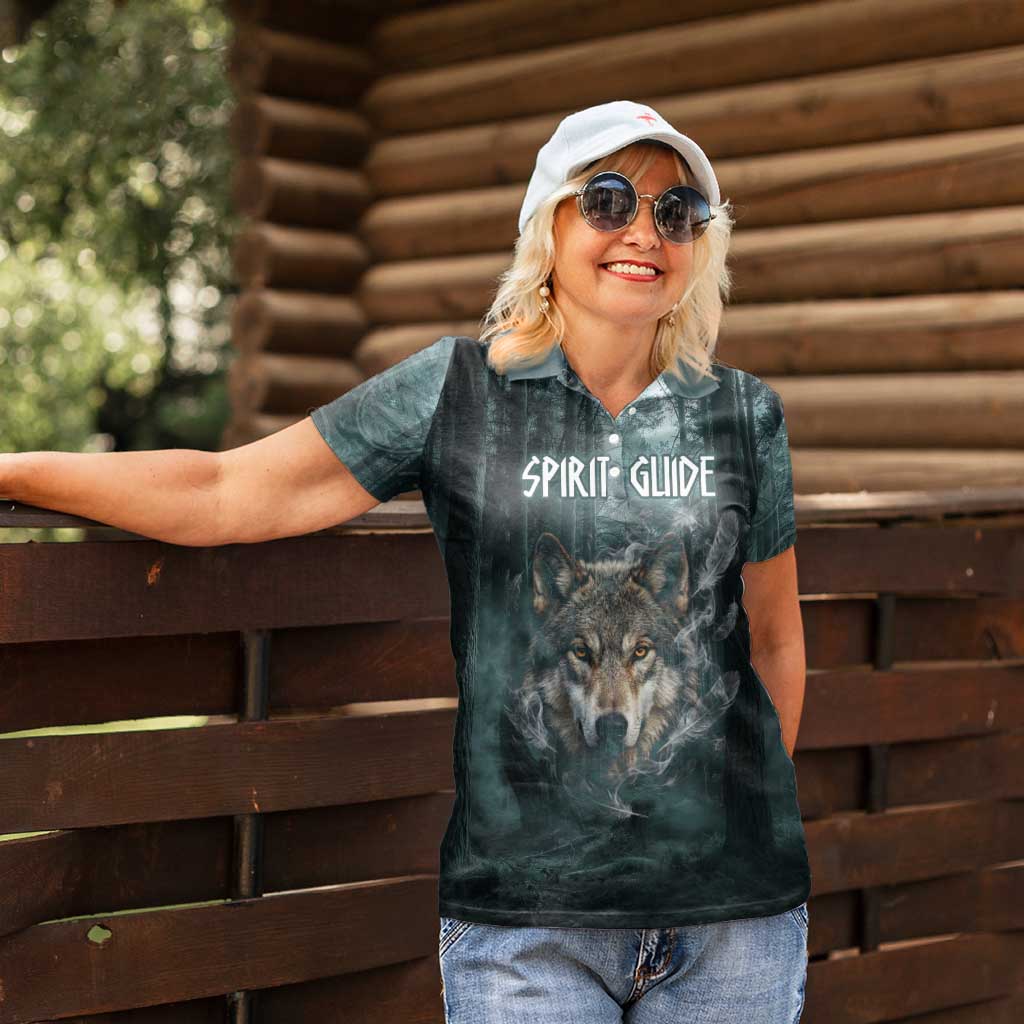Spirit Guide Wolf Women Polo Shirt with Forest Background Tribal Paw Print with Nature Symbols Native American - Wonder Print Shop