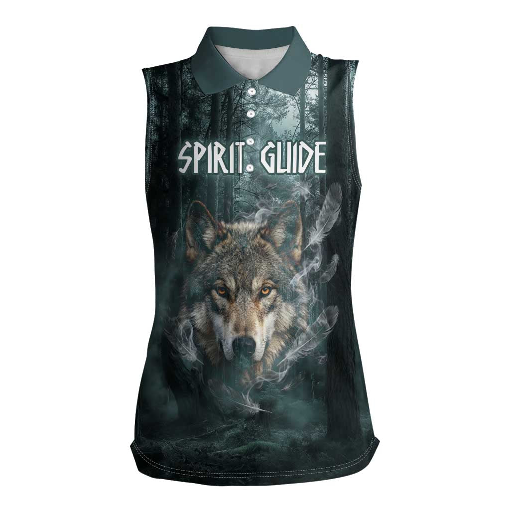 Spirit Guide Wolf Women Sleeveless Polo Shirt with Forest Background Tribal Paw Print with Nature Symbols Native American - Wonder Print Shop