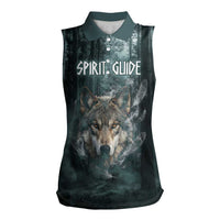 Spirit Guide Wolf Women Sleeveless Polo Shirt with Forest Background Tribal Paw Print with Nature Symbols Native American - Wonder Print Shop