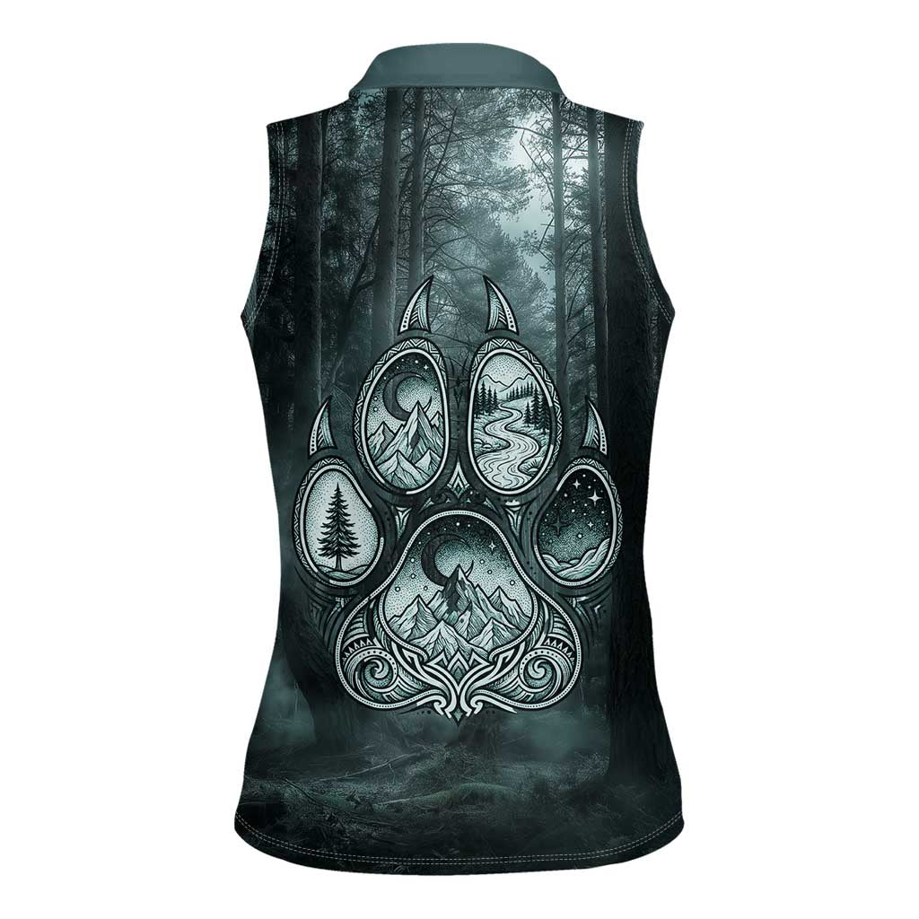 Spirit Guide Wolf Women Sleeveless Polo Shirt with Forest Background Tribal Paw Print with Nature Symbols Native American - Wonder Print Shop