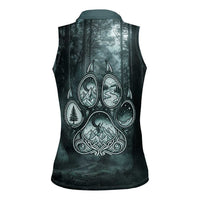 Spirit Guide Wolf Women Sleeveless Polo Shirt with Forest Background Tribal Paw Print with Nature Symbols Native American - Wonder Print Shop