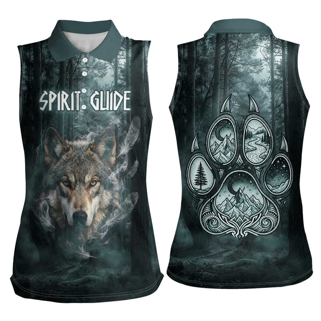 Spirit Guide Wolf Women Sleeveless Polo Shirt with Forest Background Tribal Paw Print with Nature Symbols Native American - Wonder Print Shop