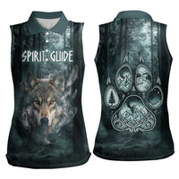 Spirit Guide Wolf Women Sleeveless Polo Shirt with Forest Background Tribal Paw Print with Nature Symbols Native American - Wonder Print Shop