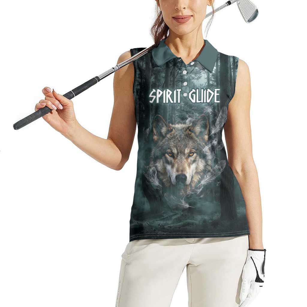 Spirit Guide Wolf Women Sleeveless Polo Shirt with Forest Background Tribal Paw Print with Nature Symbols Native American - Wonder Print Shop