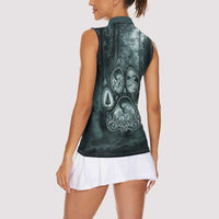 Spirit Guide Wolf Women Sleeveless Polo Shirt with Forest Background Tribal Paw Print with Nature Symbols Native American - Wonder Print Shop
