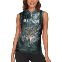Spirit Guide Wolf Women Sleeveless Polo Shirt with Forest Background Tribal Paw Print with Nature Symbols Native American - Wonder Print Shop