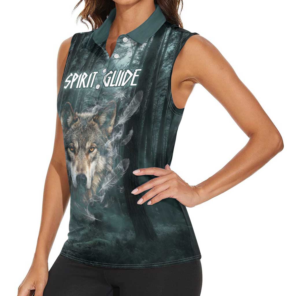 Spirit Guide Wolf Women Sleeveless Polo Shirt with Forest Background Tribal Paw Print with Nature Symbols Native American - Wonder Print Shop
