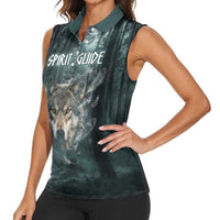 Spirit Guide Wolf Women Sleeveless Polo Shirt with Forest Background Tribal Paw Print with Nature Symbols Native American - Wonder Print Shop