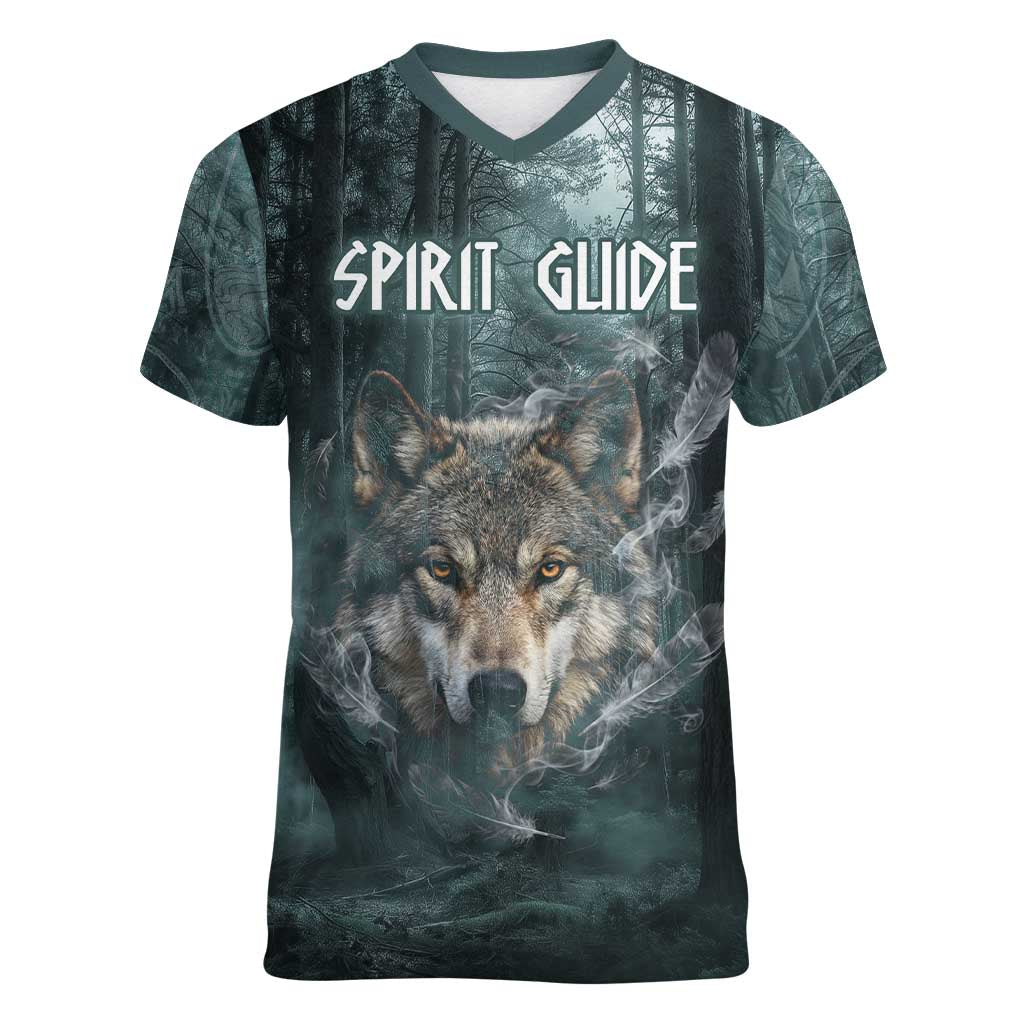 Spirit Guide Wolf Women V-Neck T-Shirt with Forest Background Tribal Paw Print with Nature Symbols Native American - Wonder Print Shop