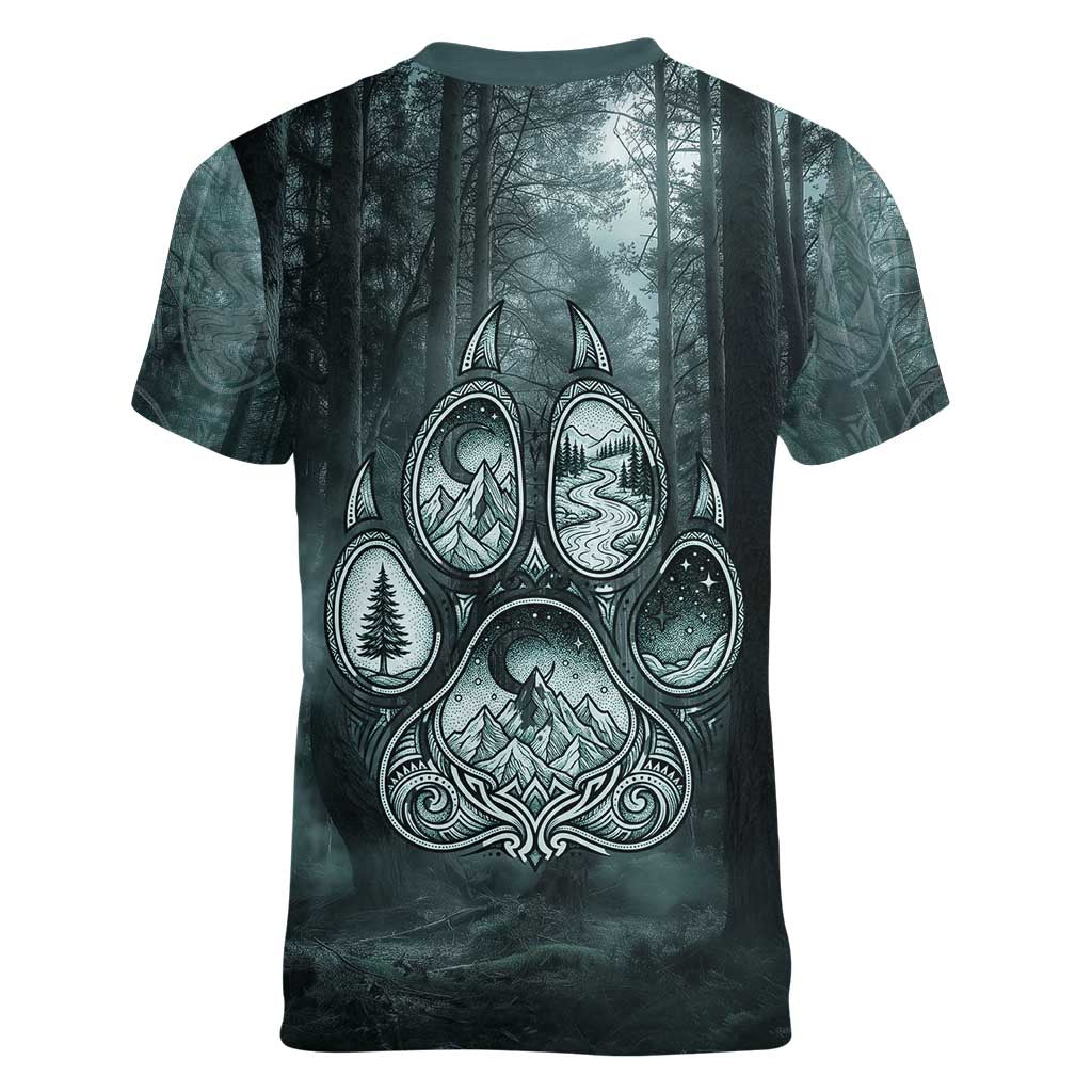 Spirit Guide Wolf Women V-Neck T-Shirt with Forest Background Tribal Paw Print with Nature Symbols Native American - Wonder Print Shop