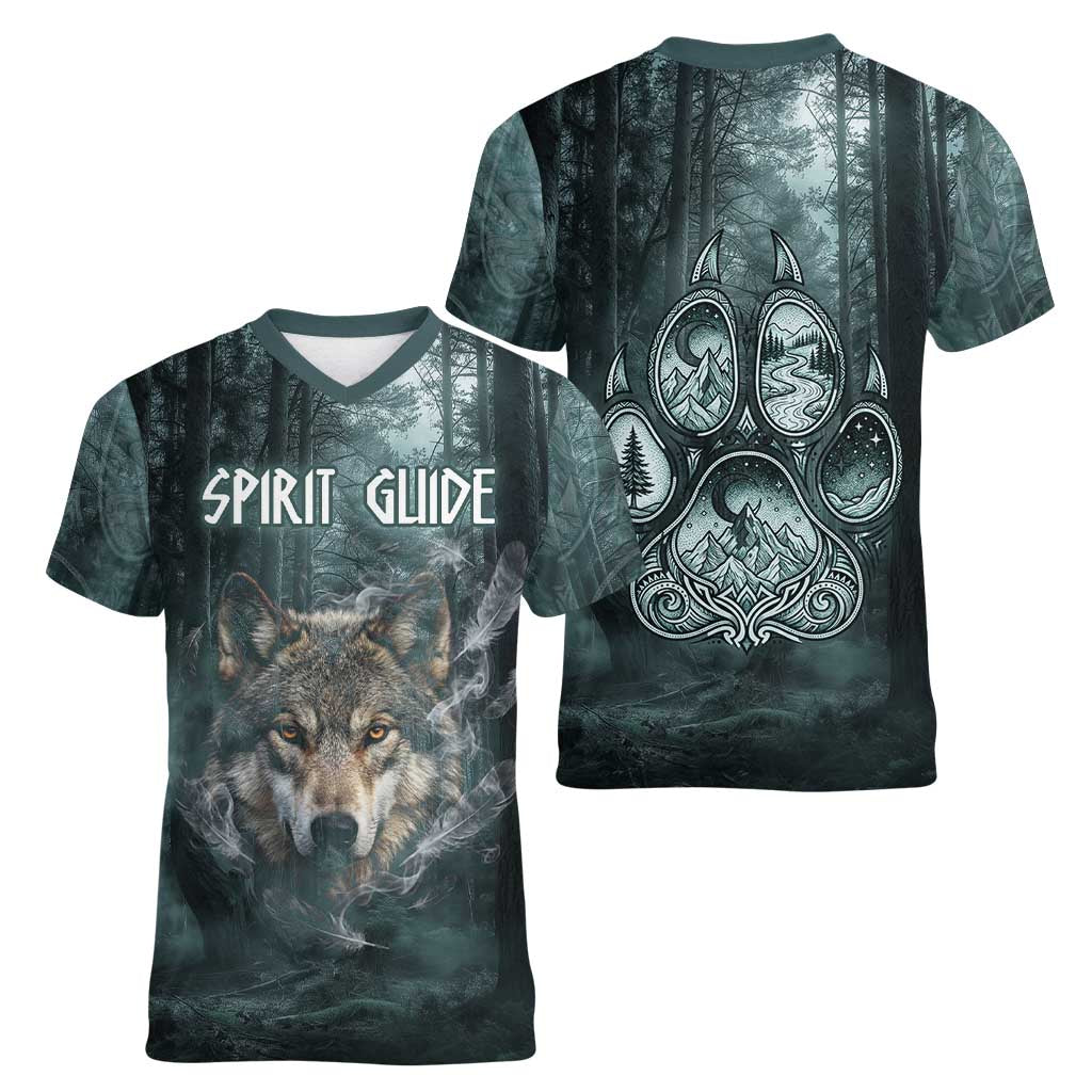 Spirit Guide Wolf Women V-Neck T-Shirt with Forest Background Tribal Paw Print with Nature Symbols Native American - Wonder Print Shop