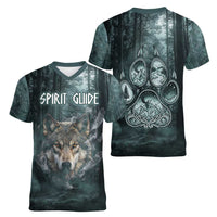 Spirit Guide Wolf Women V-Neck T-Shirt with Forest Background Tribal Paw Print with Nature Symbols Native American - Wonder Print Shop
