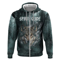 Spirit Guide Wolf Zip Hoodie with Forest Background Tribal Paw Print with Nature Symbols Native American - Wonder Print Shop