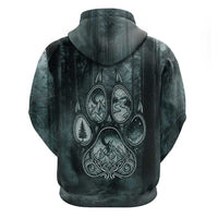 Spirit Guide Wolf Zip Hoodie with Forest Background Tribal Paw Print with Nature Symbols Native American - Wonder Print Shop