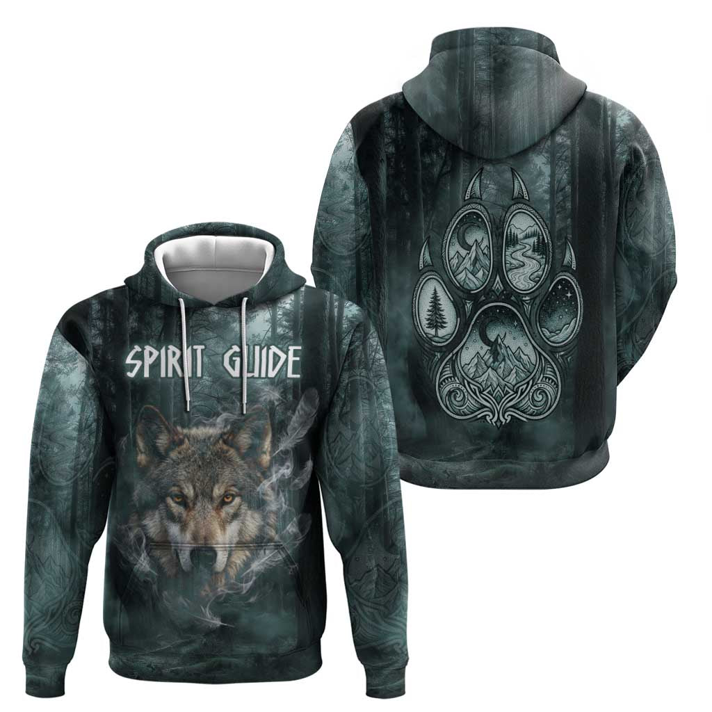 Spirit Guide Wolf Zip Hoodie with Forest Background Tribal Paw Print with Nature Symbols Native American - Wonder Print Shop