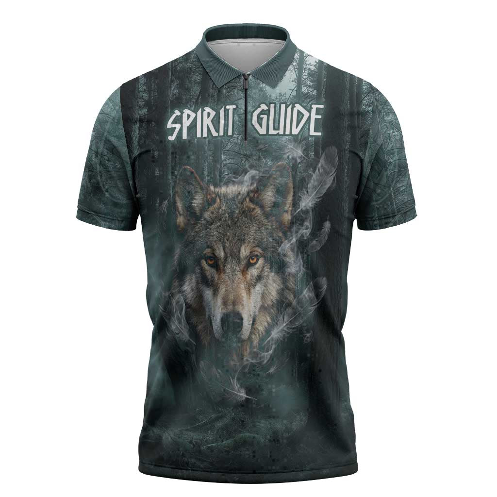 Spirit Guide Wolf Zipper Polo Shirt with Forest Background Tribal Paw Print with Nature Symbols Native American - Wonder Print Shop