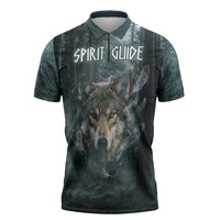 Spirit Guide Wolf Zipper Polo Shirt with Forest Background Tribal Paw Print with Nature Symbols Native American - Wonder Print Shop
