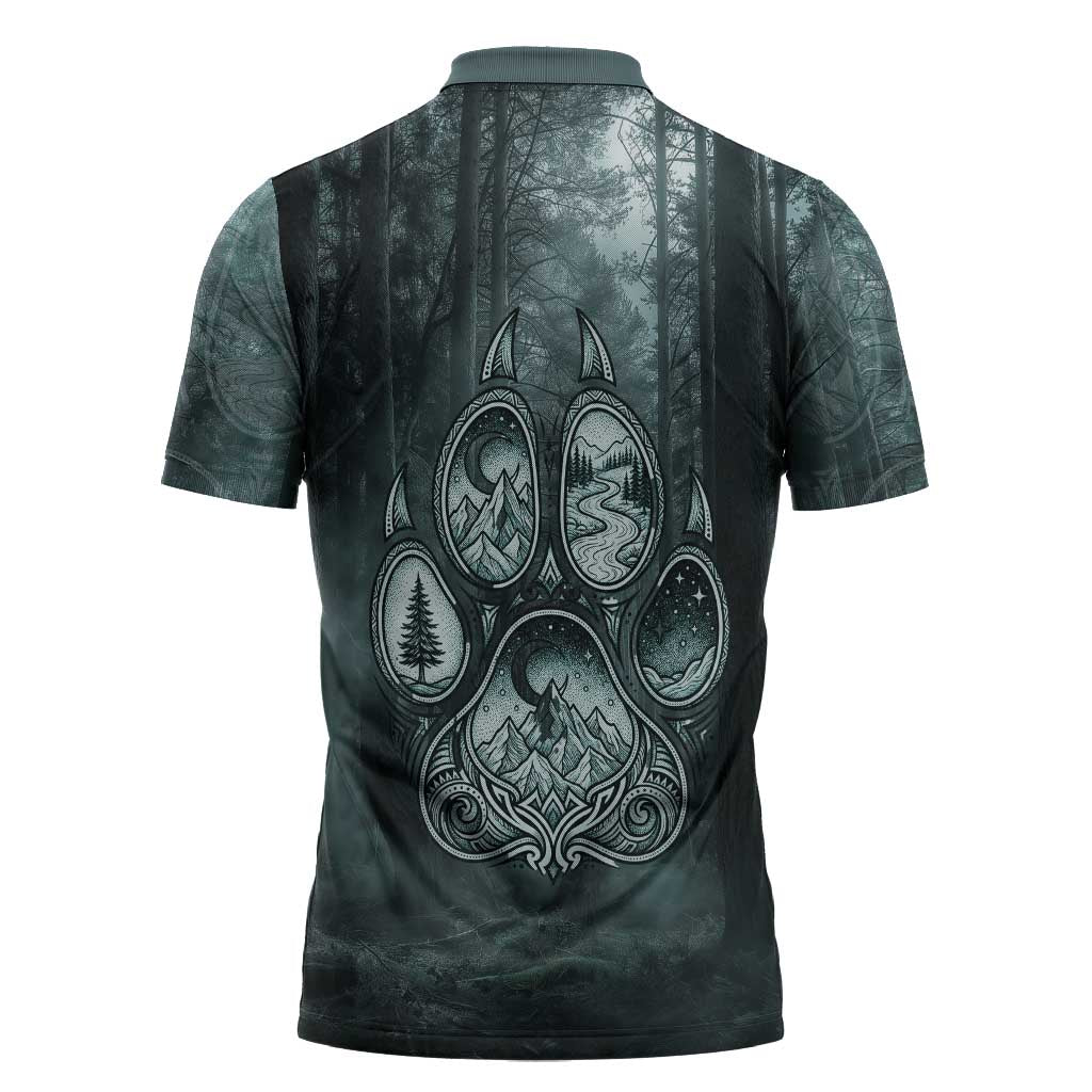 Spirit Guide Wolf Zipper Polo Shirt with Forest Background Tribal Paw Print with Nature Symbols Native American - Wonder Print Shop