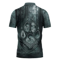 Spirit Guide Wolf Zipper Polo Shirt with Forest Background Tribal Paw Print with Nature Symbols Native American - Wonder Print Shop