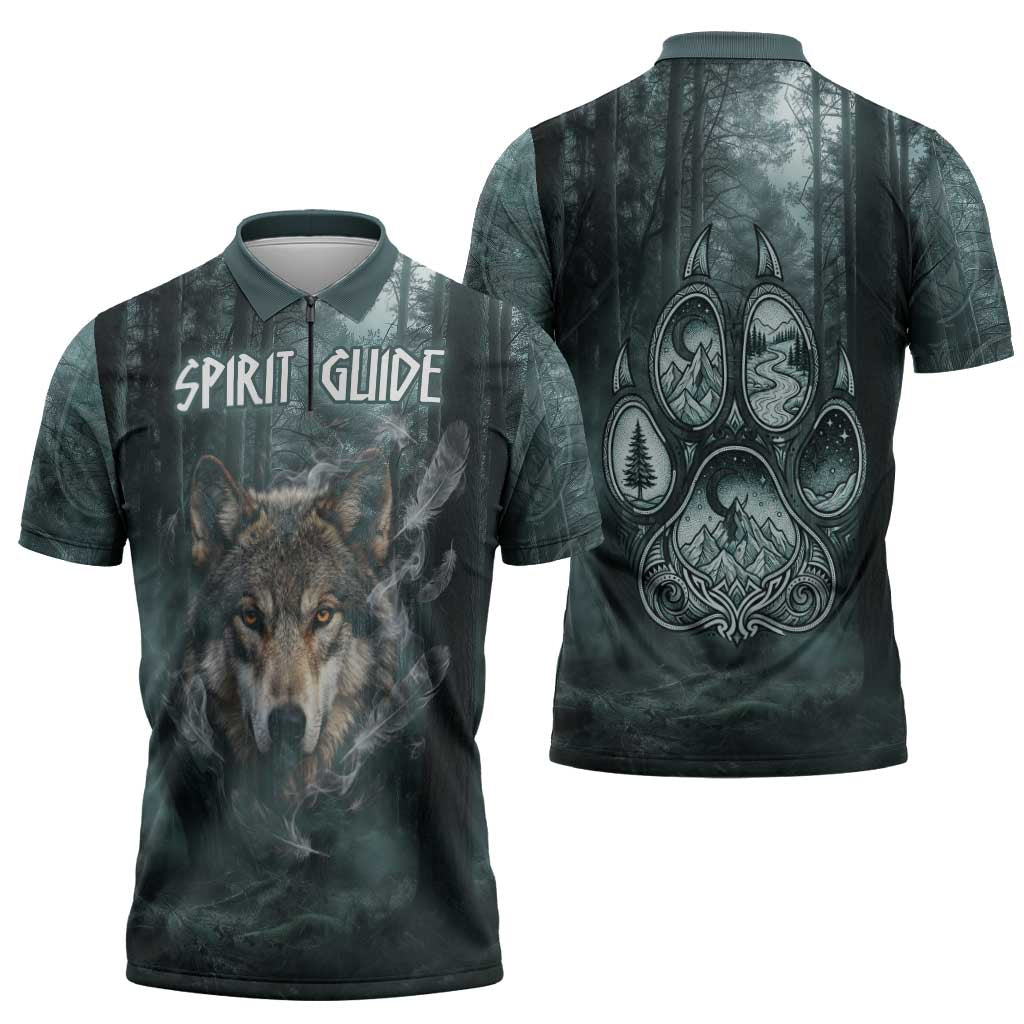 Spirit Guide Wolf Zipper Polo Shirt with Forest Background Tribal Paw Print with Nature Symbols Native American - Wonder Print Shop