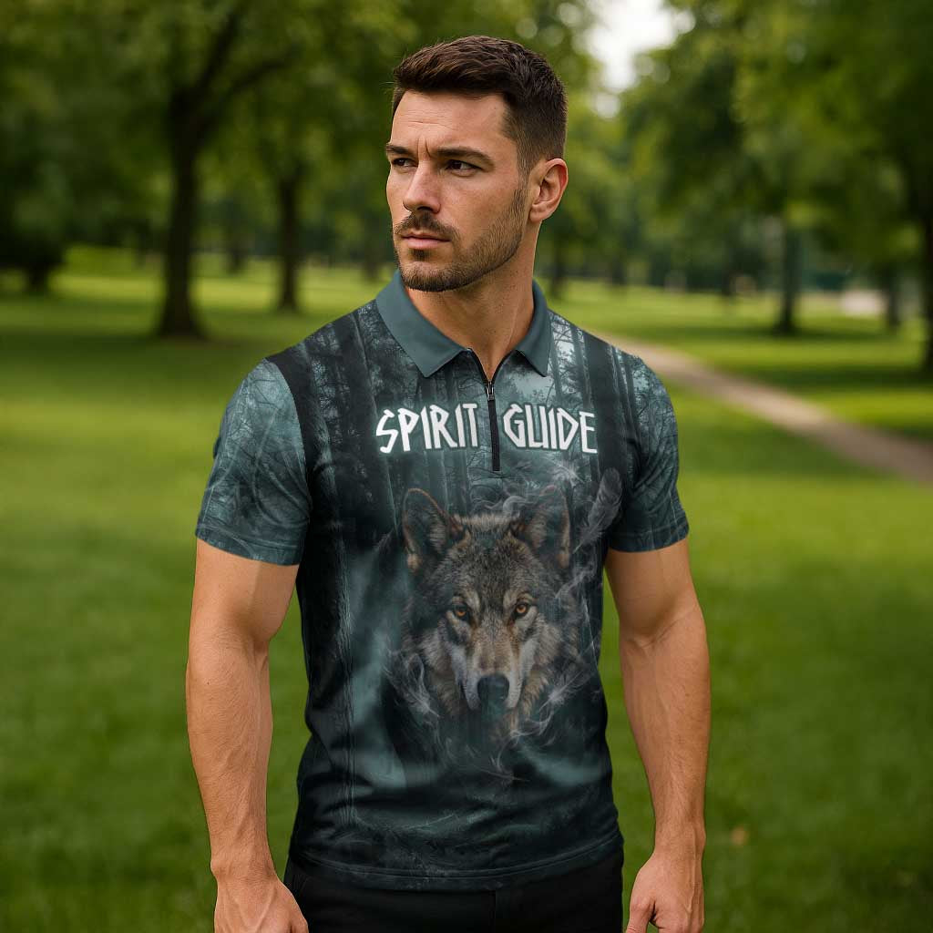 Spirit Guide Wolf Zipper Polo Shirt with Forest Background Tribal Paw Print with Nature Symbols Native American - Wonder Print Shop