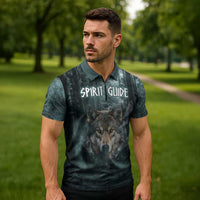 Spirit Guide Wolf Zipper Polo Shirt with Forest Background Tribal Paw Print with Nature Symbols Native American - Wonder Print Shop