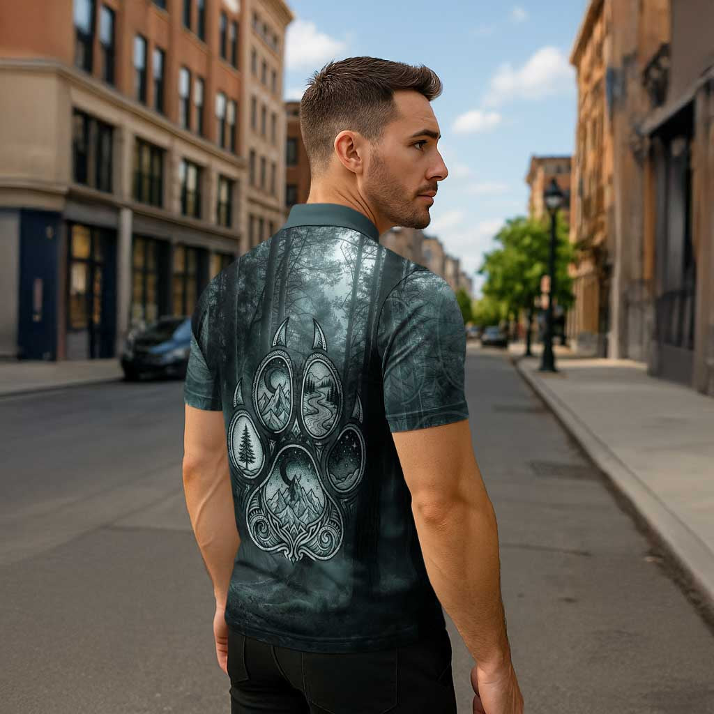 Spirit Guide Wolf Zipper Polo Shirt with Forest Background Tribal Paw Print with Nature Symbols Native American - Wonder Print Shop