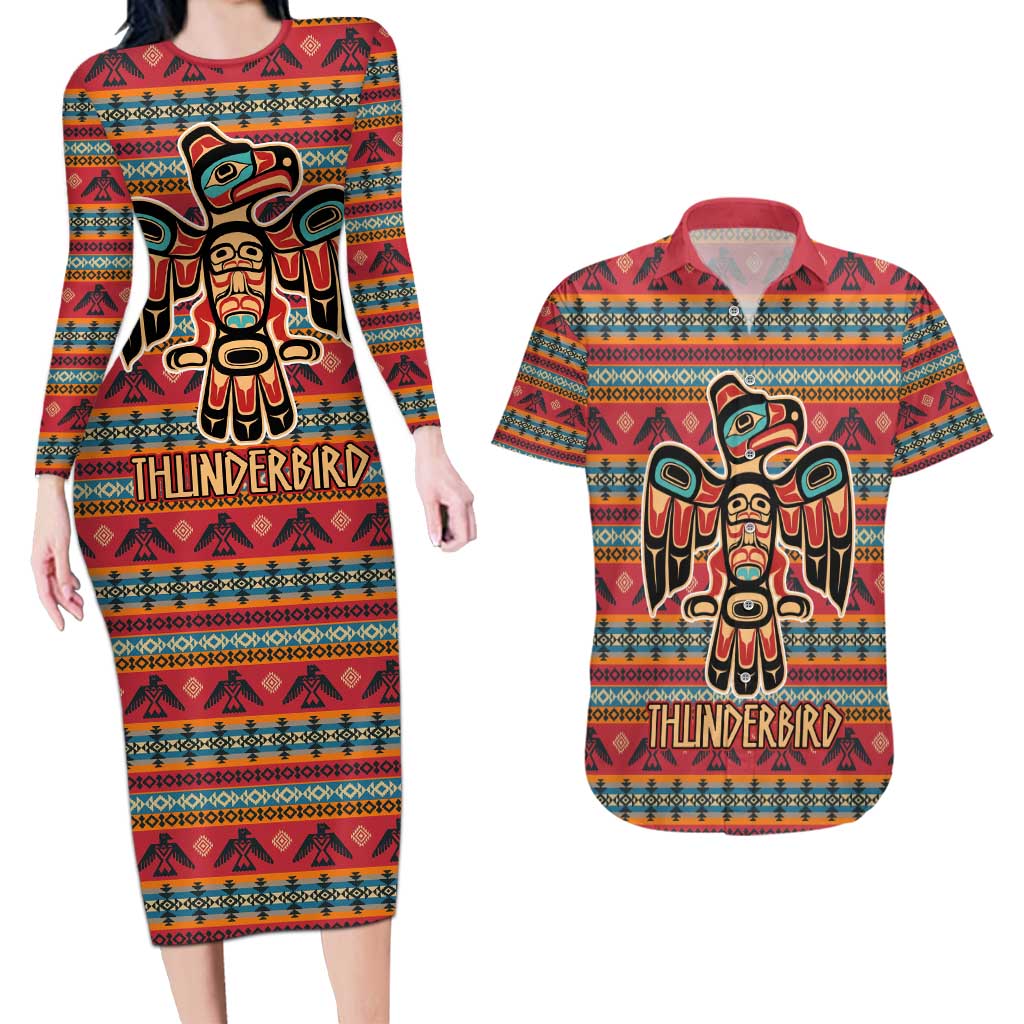 Thunderbird Totem Couples Matching Long Sleeve Bodycon Dress and Hawaiian Shirt Native American Geometric Tribal - Pacific Northwest Indigenous Art - Wonder Print Shop