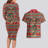 Thunderbird Totem Couples Matching Long Sleeve Bodycon Dress and Hawaiian Shirt Native American Geometric Tribal - Pacific Northwest Indigenous Art - Wonder Print Shop