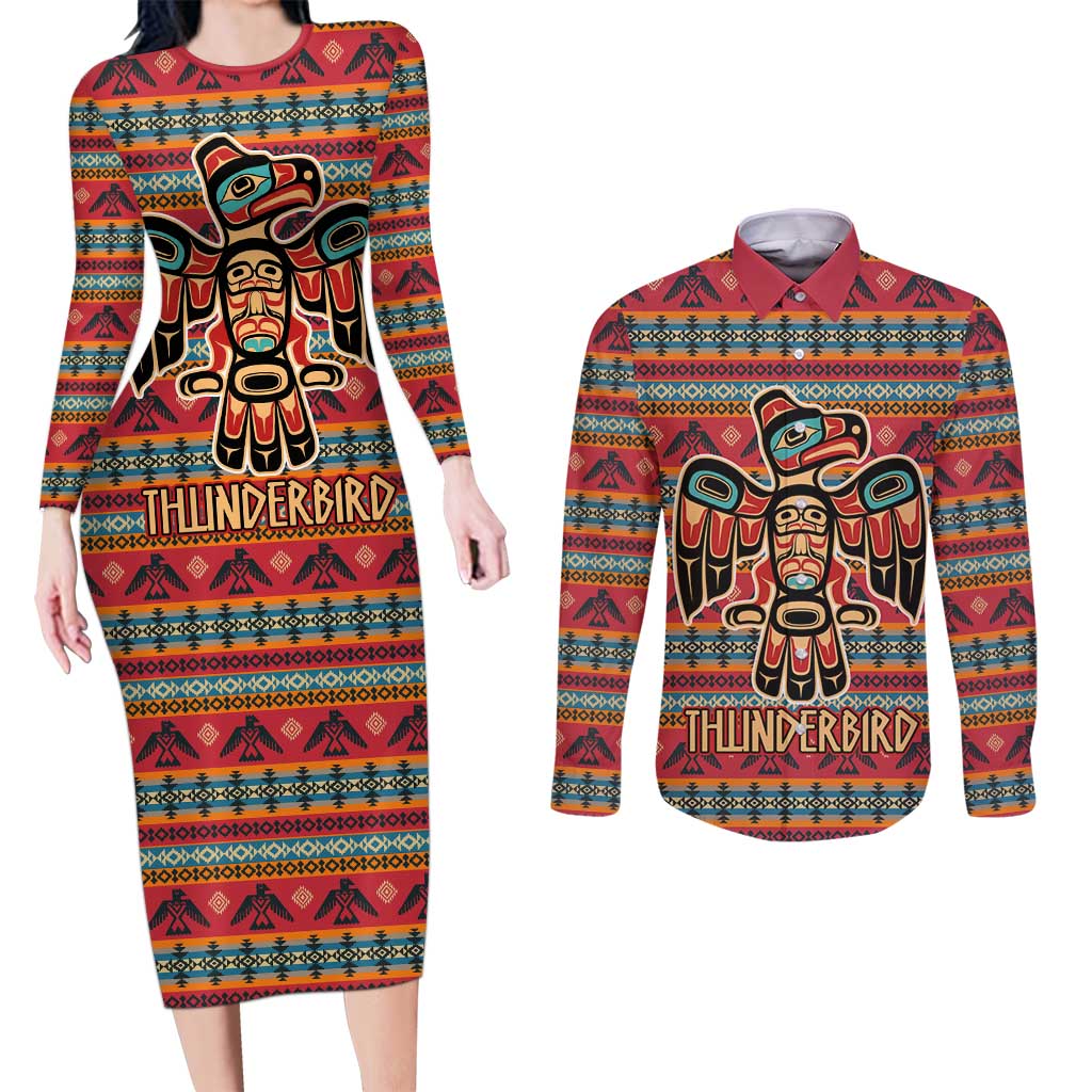 Thunderbird Totem Couples Matching Long Sleeve Bodycon Dress and Long Sleeve Button Shirt Native American Geometric Tribal - Pacific Northwest Indigenous Art - Wonder Print Shop