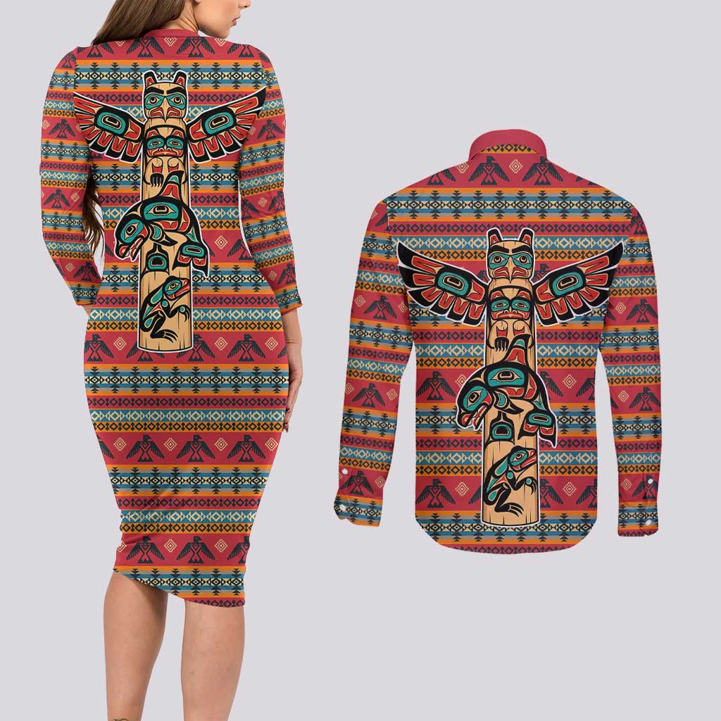 Thunderbird Totem Couples Matching Long Sleeve Bodycon Dress and Long Sleeve Button Shirt Native American Geometric Tribal - Pacific Northwest Indigenous Art - Wonder Print Shop