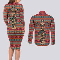Thunderbird Totem Couples Matching Long Sleeve Bodycon Dress and Long Sleeve Button Shirt Native American Geometric Tribal - Pacific Northwest Indigenous Art - Wonder Print Shop
