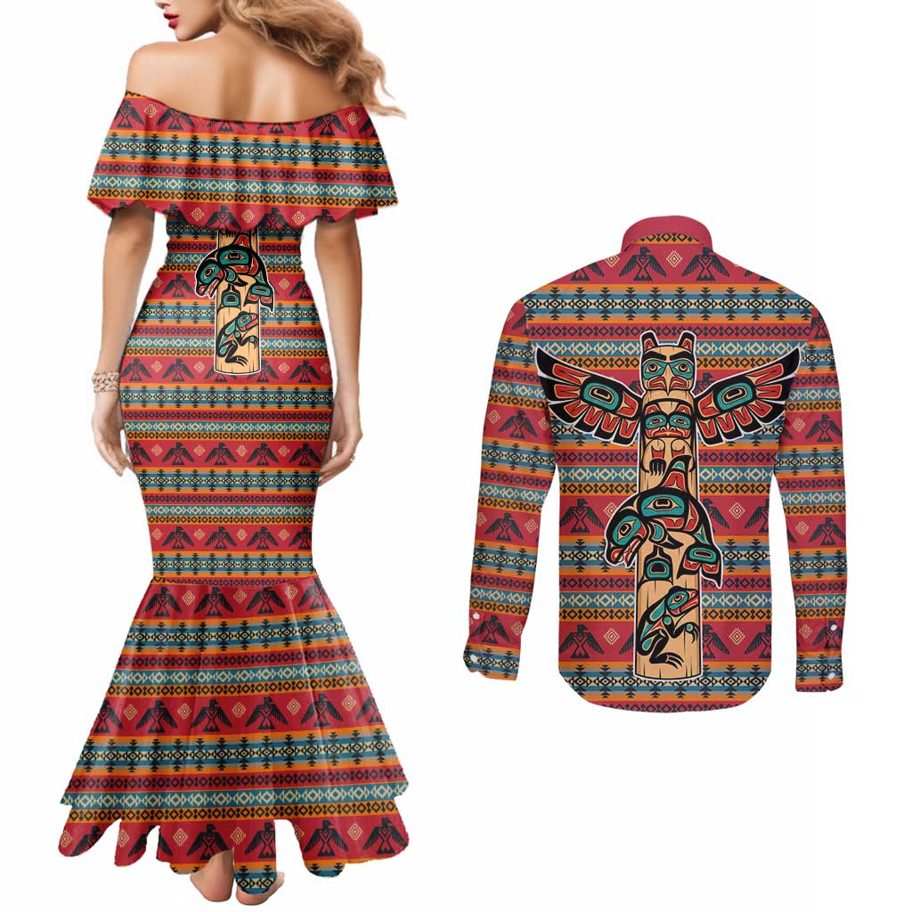 Thunderbird Totem Couples Matching Mermaid Dress and Long Sleeve Button Shirt Native American Geometric Tribal - Pacific Northwest Indigenous Art - Wonder Print Shop