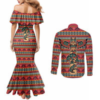 Thunderbird Totem Couples Matching Mermaid Dress and Long Sleeve Button Shirt Native American Geometric Tribal - Pacific Northwest Indigenous Art - Wonder Print Shop