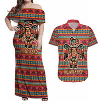 Thunderbird Totem Couples Matching Off Shoulder Maxi Dress and Hawaiian Shirt Native American Geometric Tribal - Pacific Northwest Indigenous Art - Wonder Print Shop